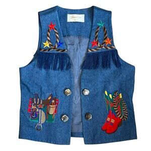 Deborah Laus Women’s Sz XS VTG Blue Western Vest 80s Denim Fringe Embroidery